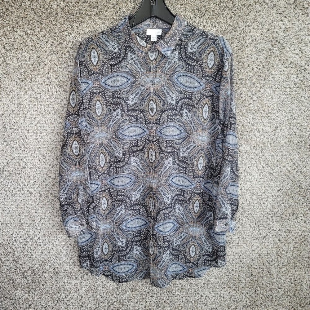 J Jill Top Womens MP Petite Medium Paisley‎ Print Chiffon Tunic Button Casual